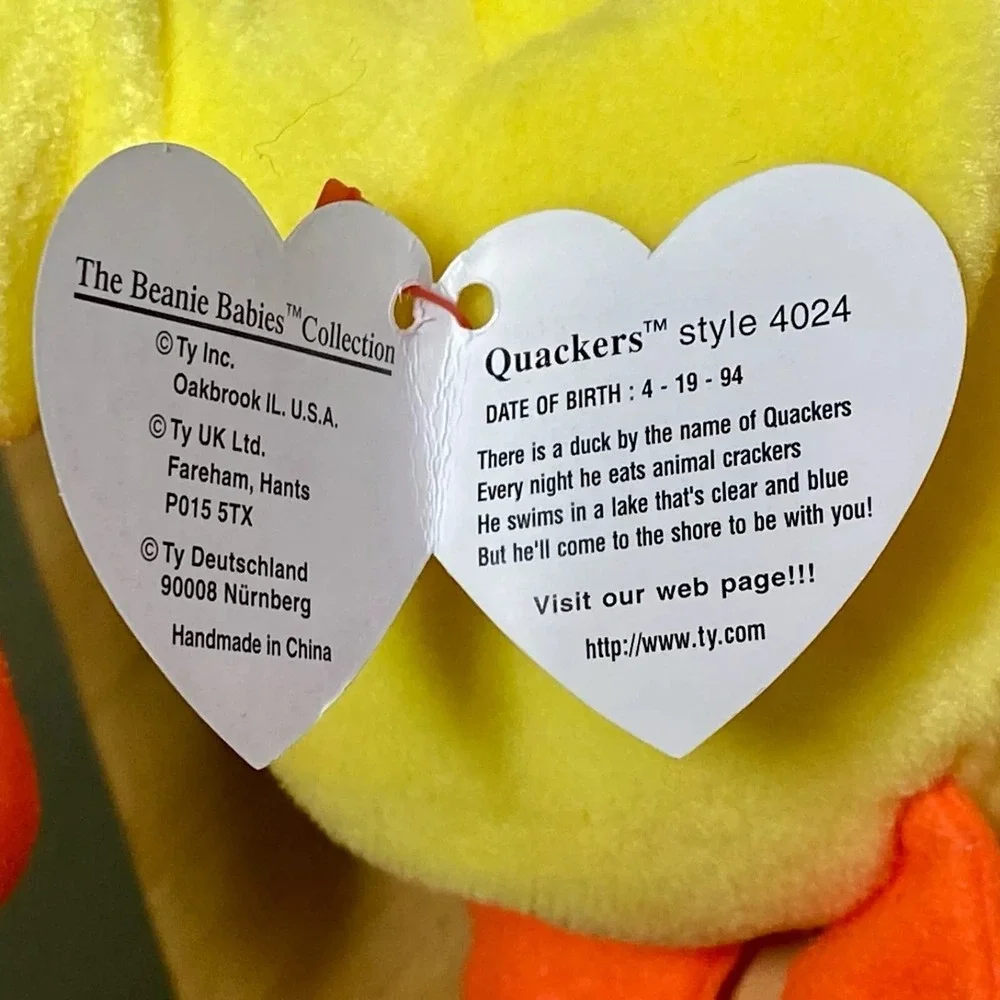 Ty Beanie Baby Original Quackers Retired PVC Pellets Tag Error Fareham, Hants UK